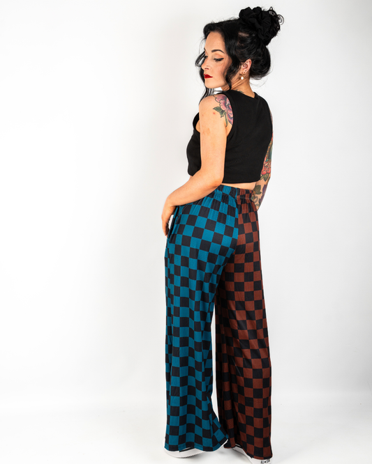 SPLIT DECISIONS CHECKERBOARD PANTS IN TEAL + BROWN