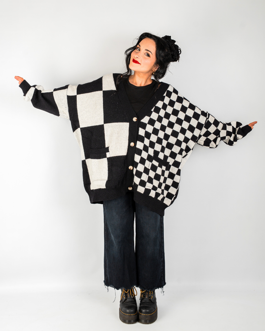 BOARDWALK OVERSIZED CHECKERBOARD CARDIGAN IN BLACK + WHITE