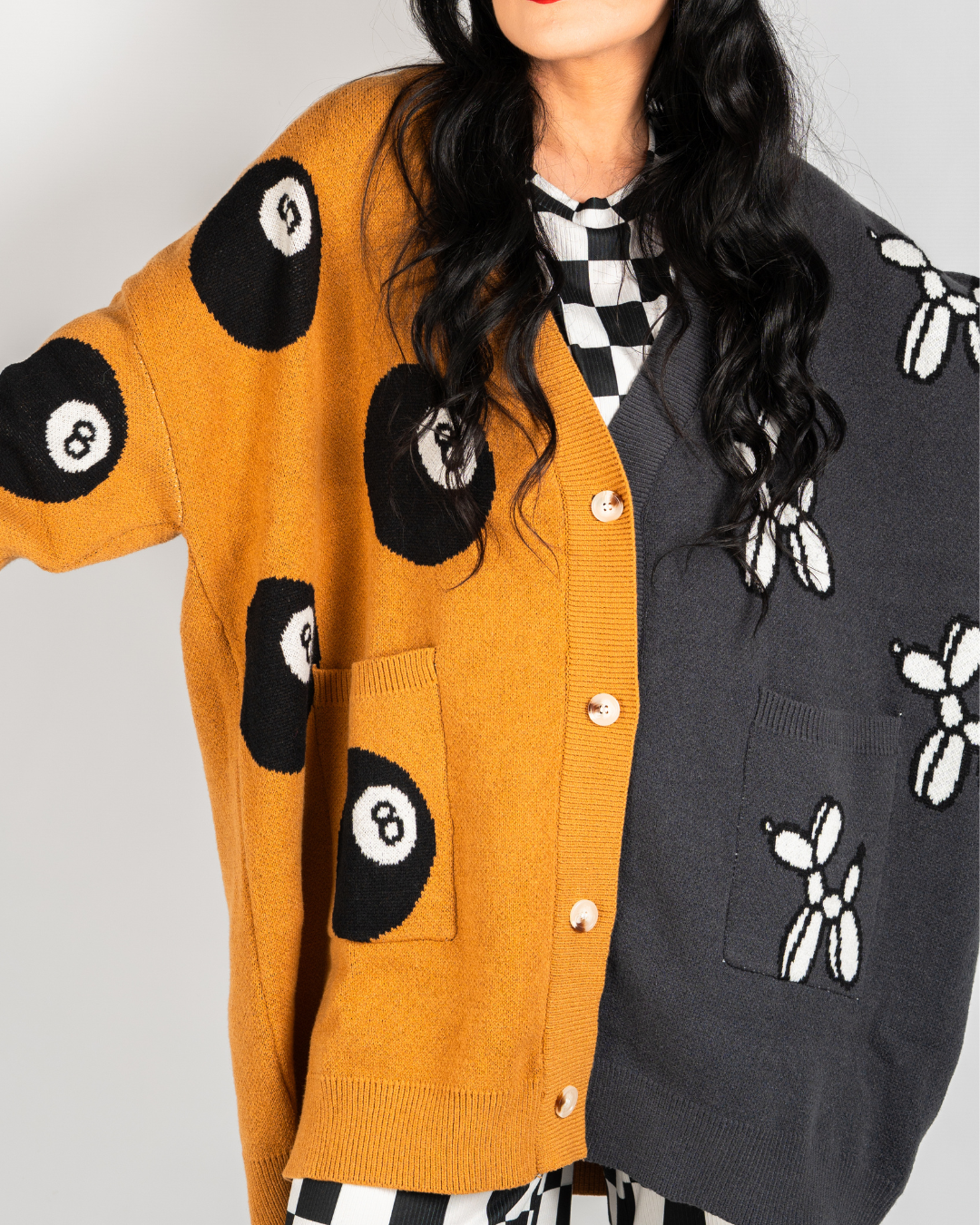 8 BALL CHAOS EXTREME OVERSIZED CARDIGAN IN MUSTARD + CHAROCAL