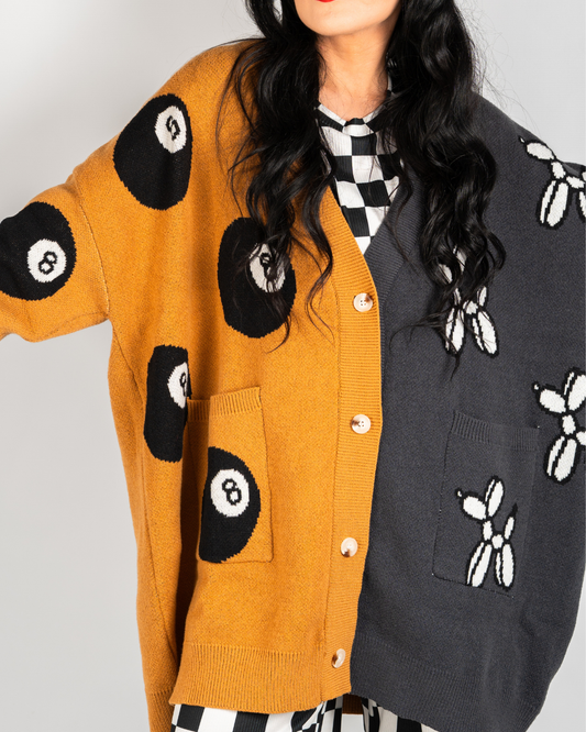 8 BALL CHAOS EXTREME OVERSIZED CARDIGAN IN MUSTARD + CHAROCAL