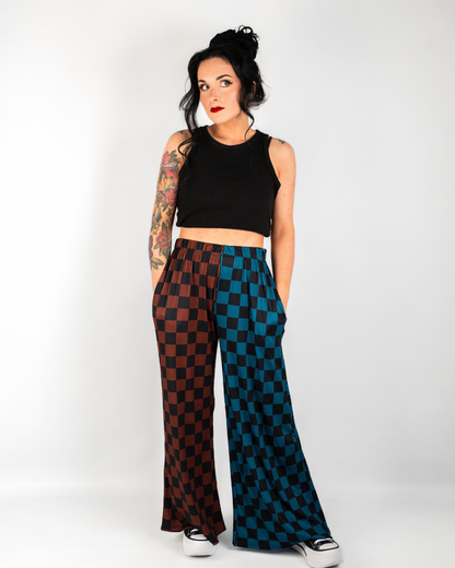 SPLIT DECISIONS CHECKERBOARD PANTS IN TEAL + BROWN