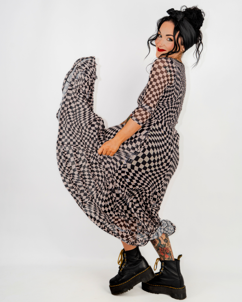 CHECKERBOARD PRINTED MESH DRESS