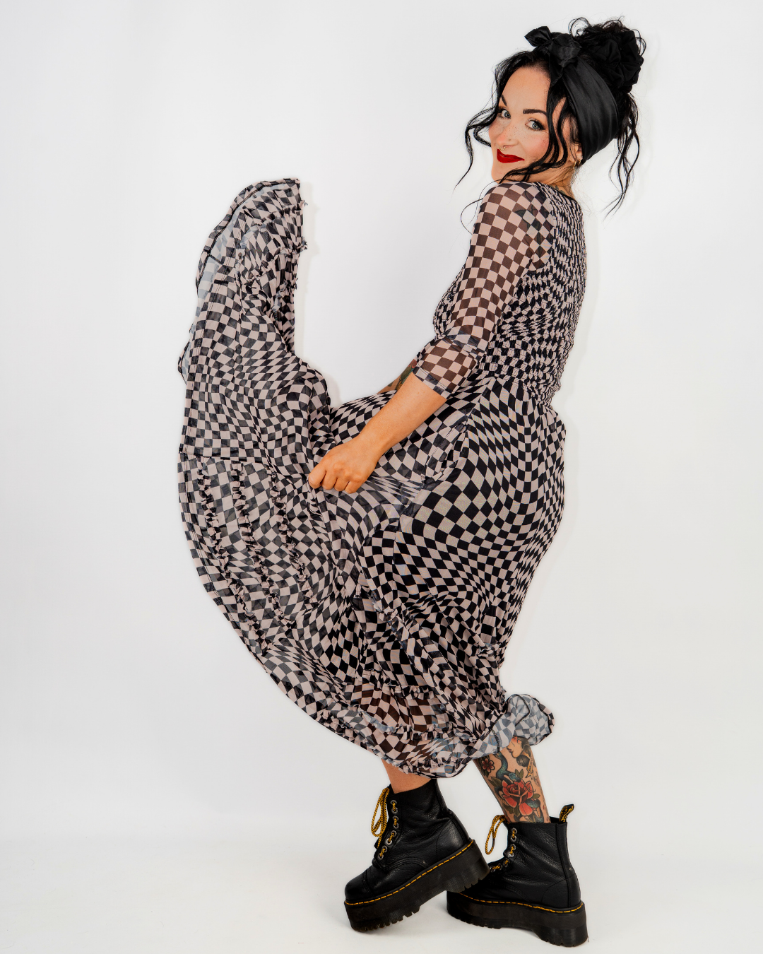 CHECKERBOARD PRINTED MESH DRESS