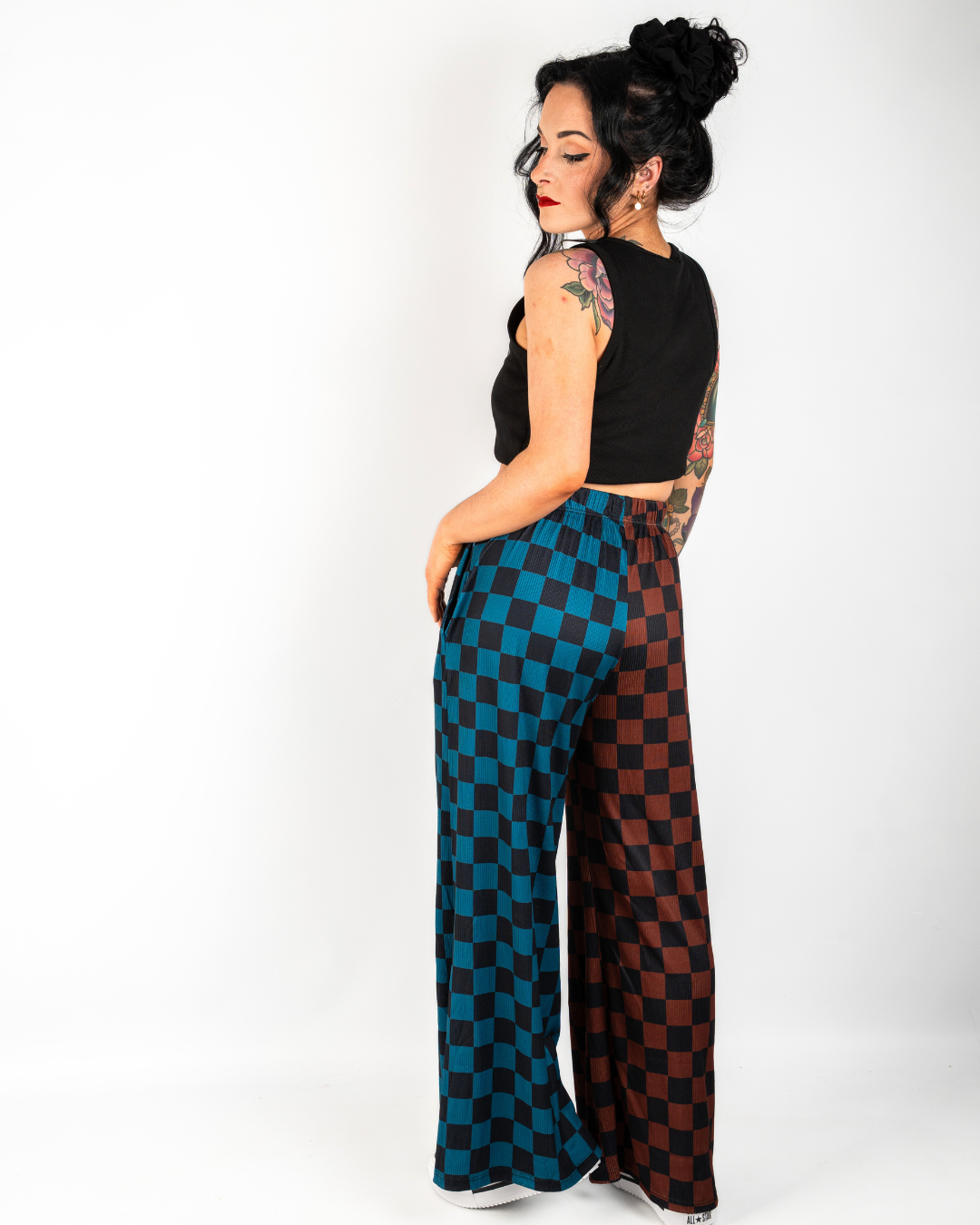SPLIT DECISIONS CHECKERBOARD PANTS IN TEAL + BROWN
