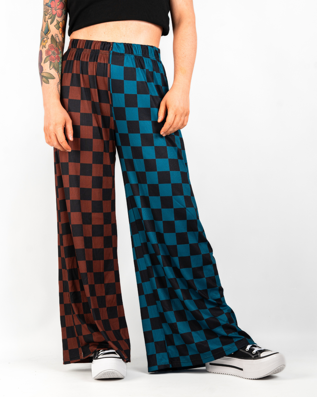 SPLIT DECISIONS CHECKERBOARD PANTS IN TEAL + BROWN