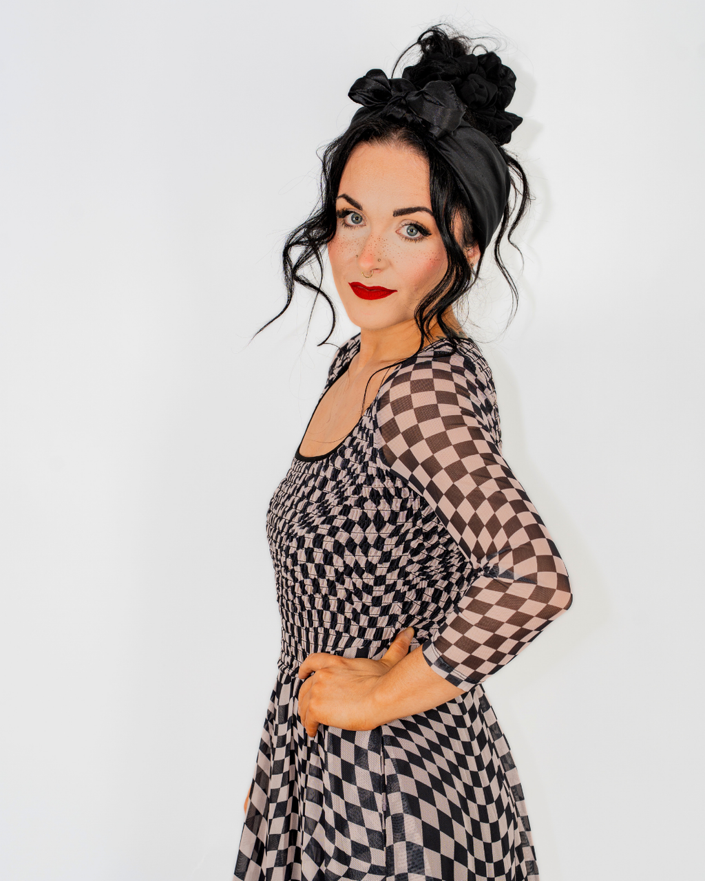 CHECKERBOARD PRINTED MESH DRESS