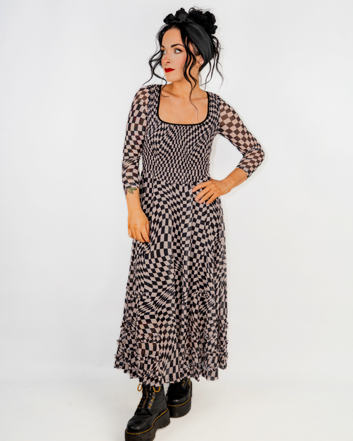 CHECKERBOARD PRINTED MESH DRESS