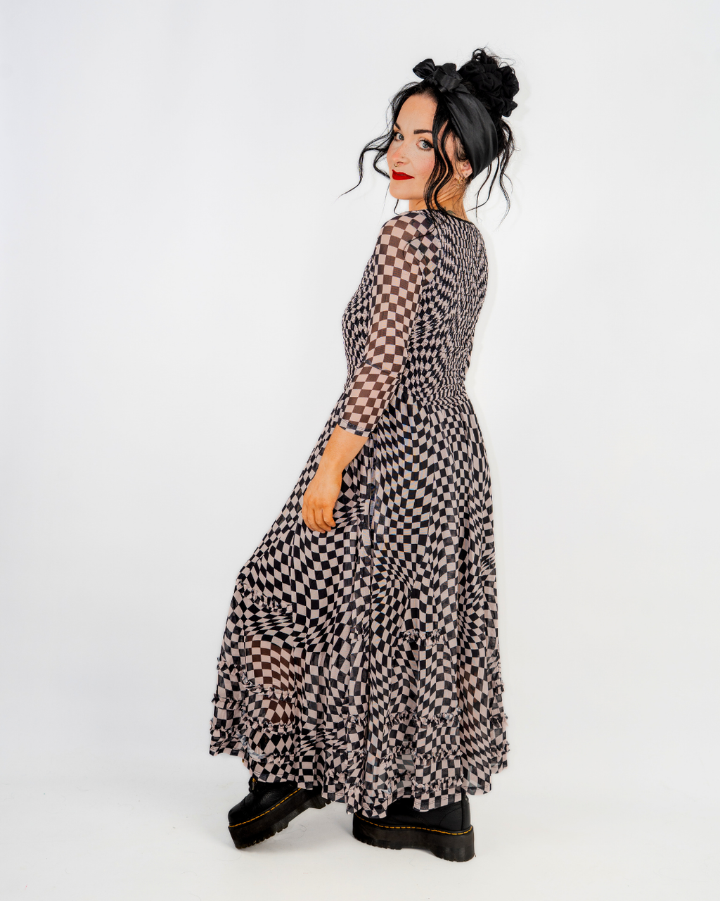 CHECKERBOARD PRINTED MESH DRESS