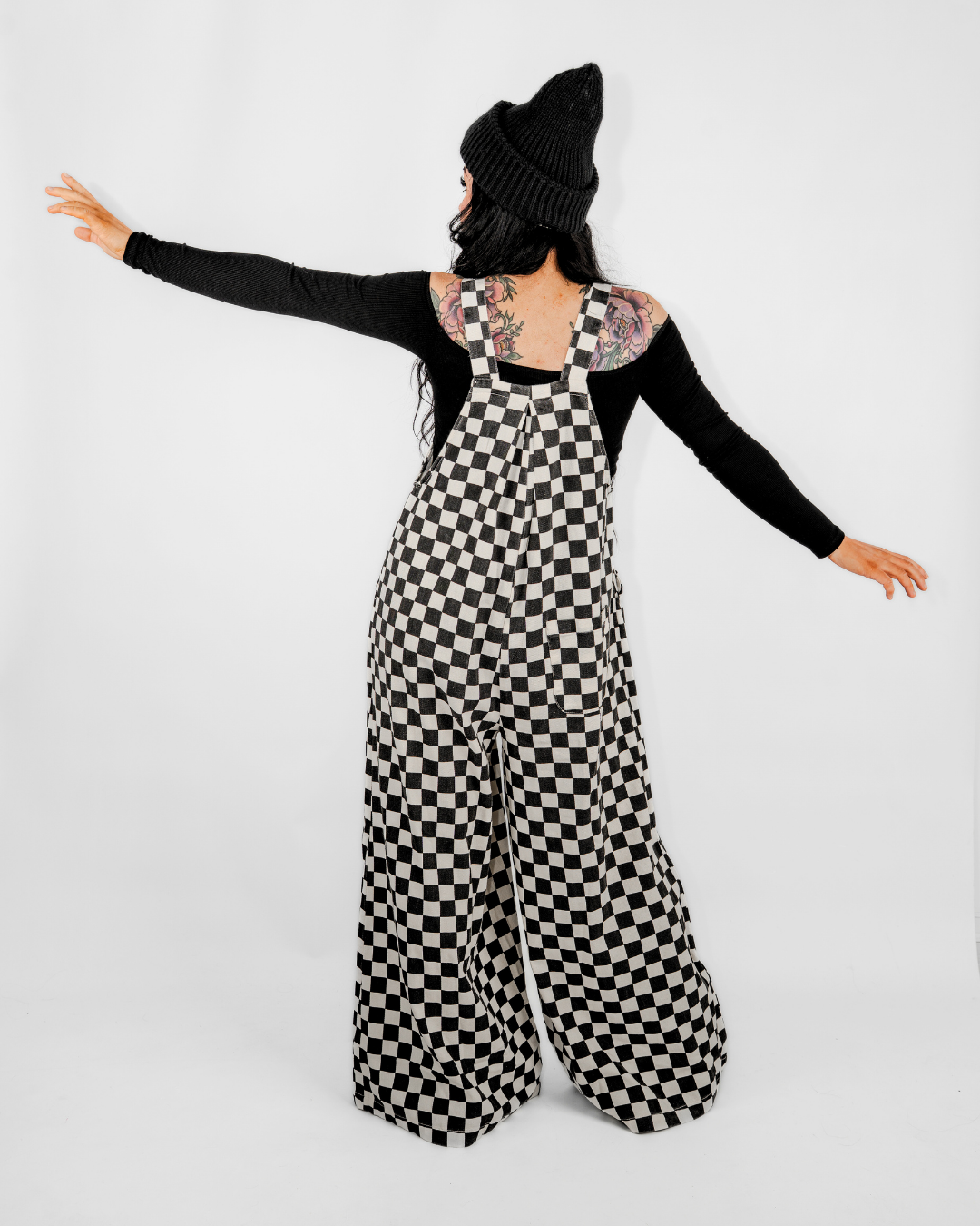 CHECKERBOARD WIDE LEG DENIM OVERALLS IN BLACK + WHITE