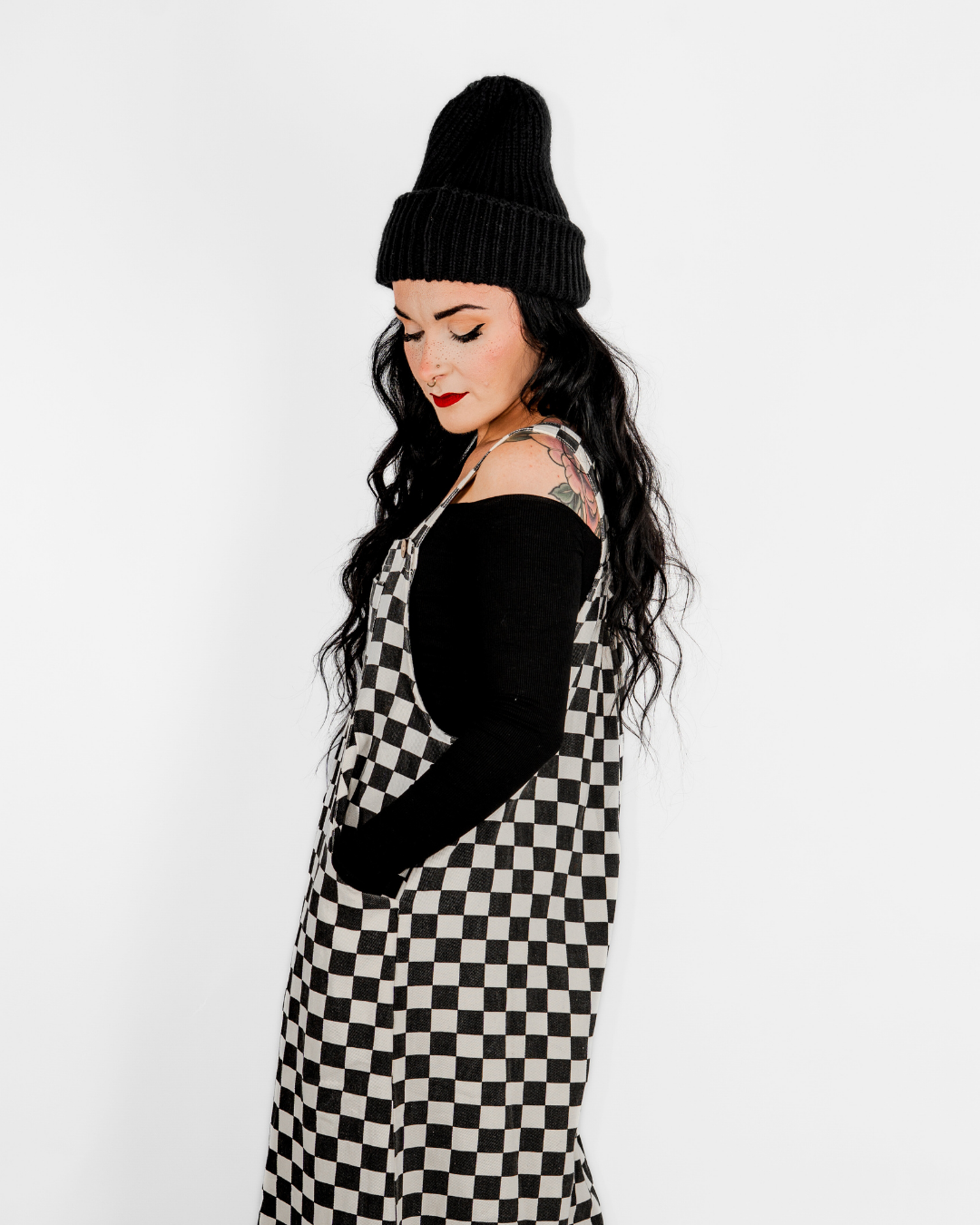 CHECKERBOARD WIDE LEG DENIM OVERALLS IN BLACK + WHITE