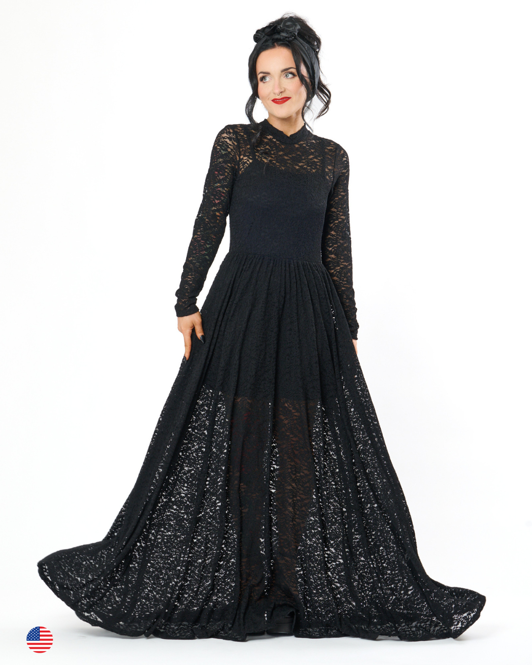 MIDNIGHT LACE MESH MAXI DRESS IN BLACK