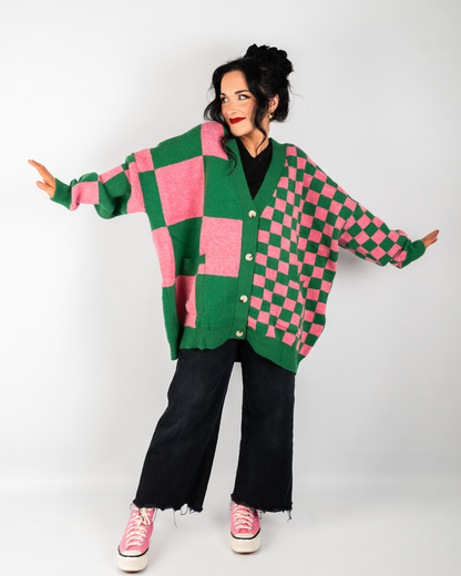 BOARDWALK OVERSIZED CHECKERBOARD CARDIGAN IN PINK + GREEN