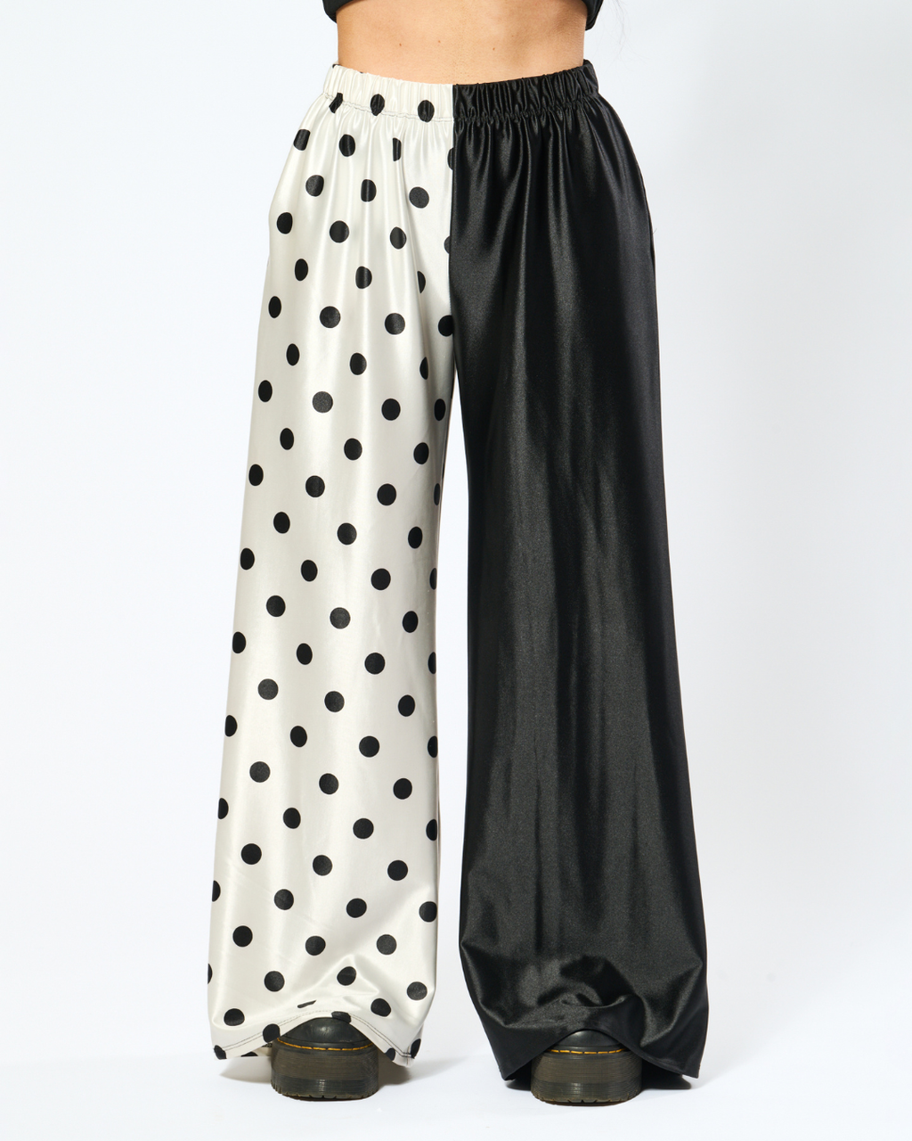SPLIT DECISION POLKA DOT PANTS IN BLACK + WHITE