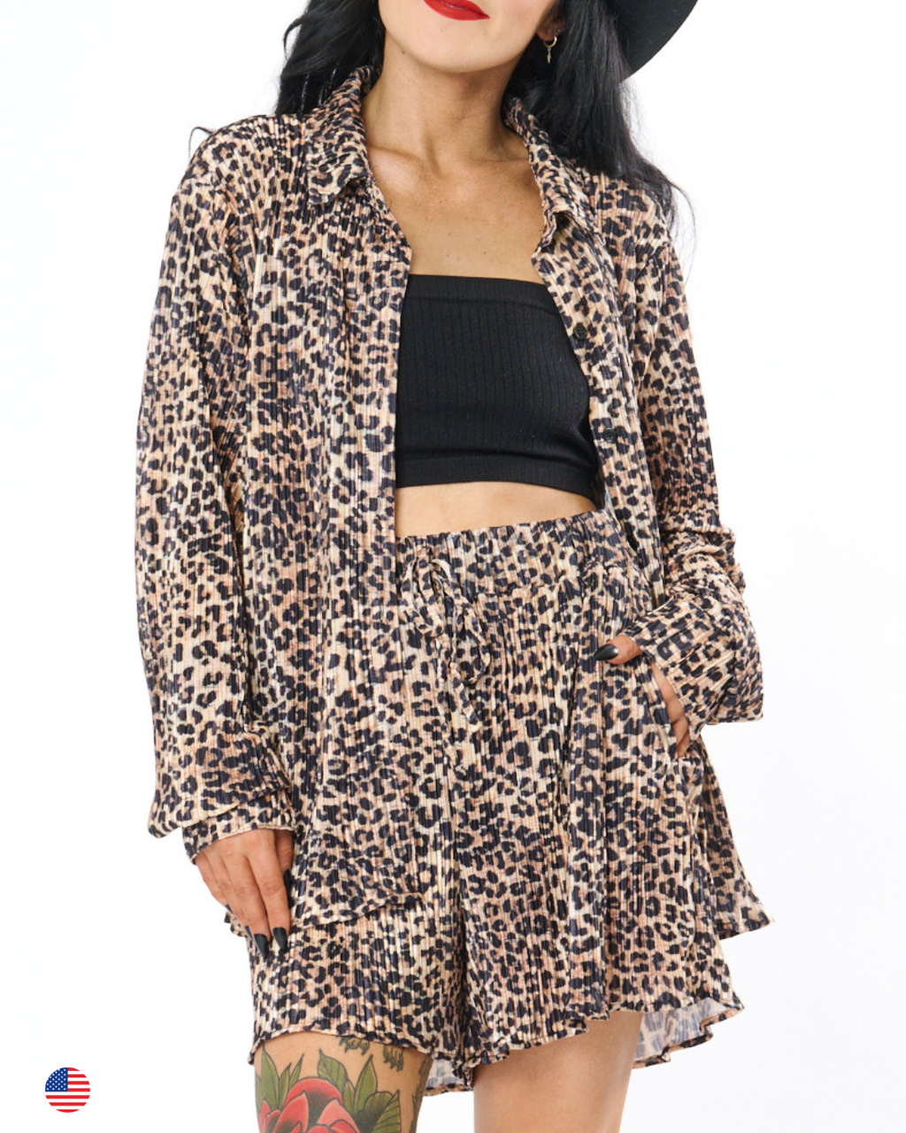 LEOPARD PLEATED SHORTS SET