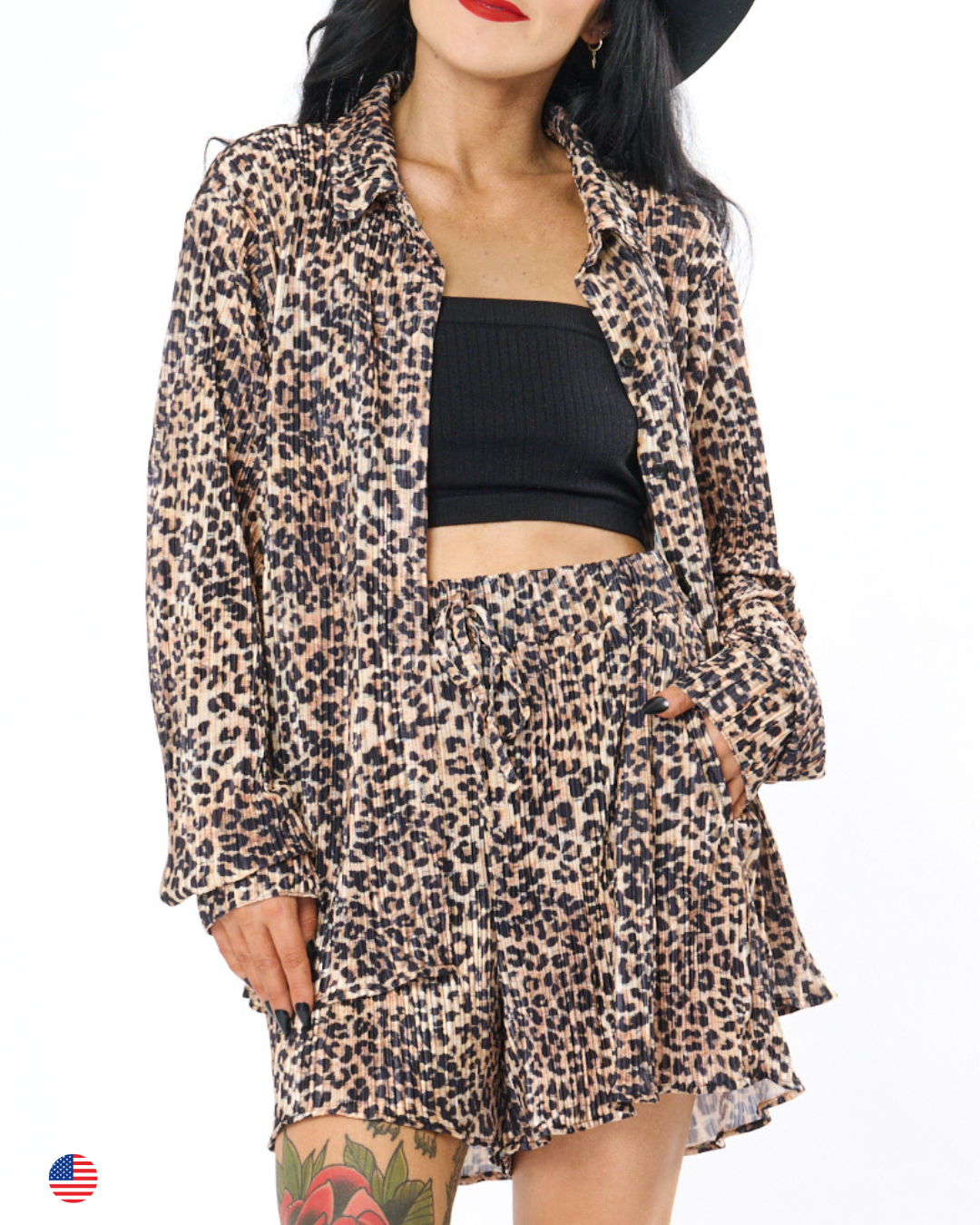 LEOPARD PLEATED SHORTS SET