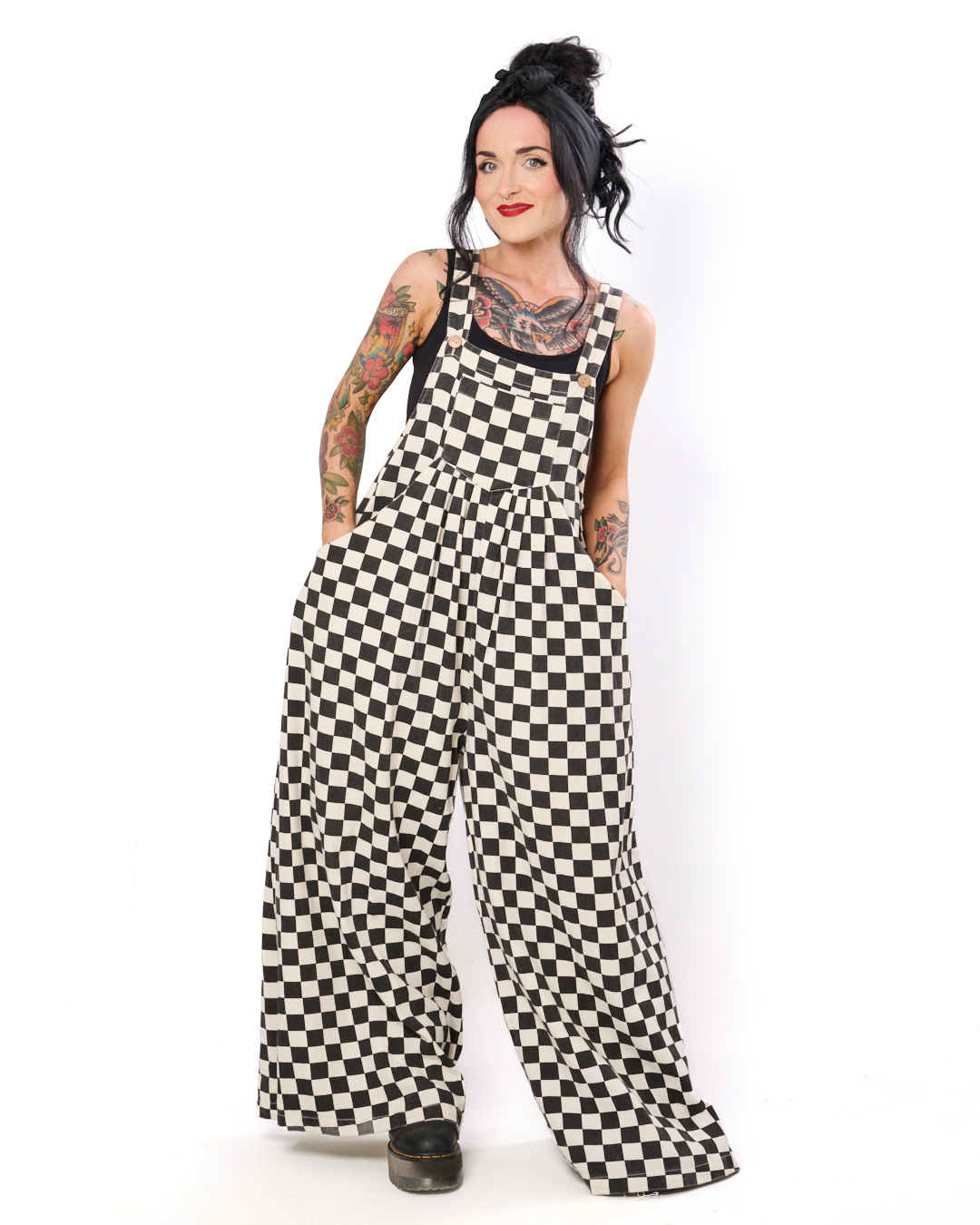 CHECKERBOARD WIDE LEG DENIM OVERALLS IN BLACK + WHITE