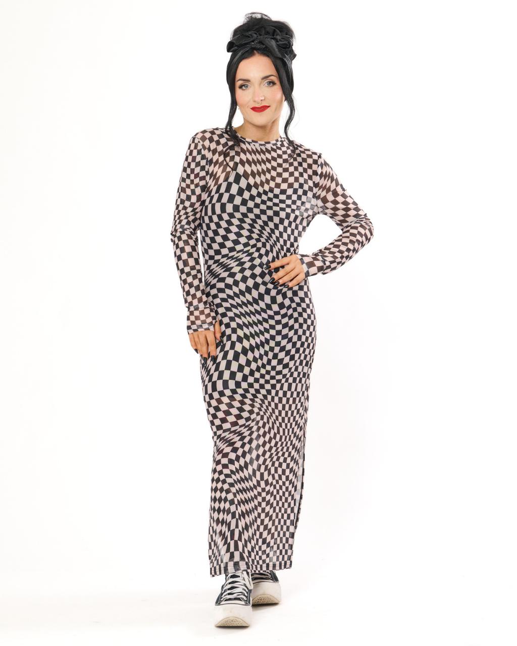 CHECKERBOARD MESH MIDI DRESS