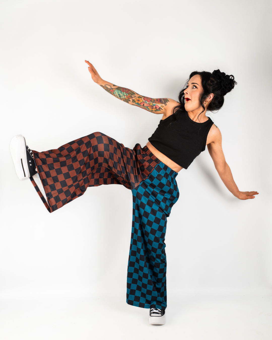 SPLIT DECISIONS CHECKERBOARD PANTS IN TEAL + BROWN