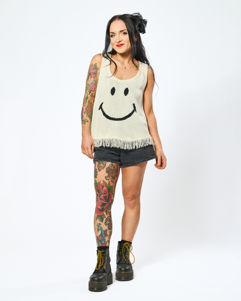 SMILEY FRINGED KNITTED TANK IN WHITE