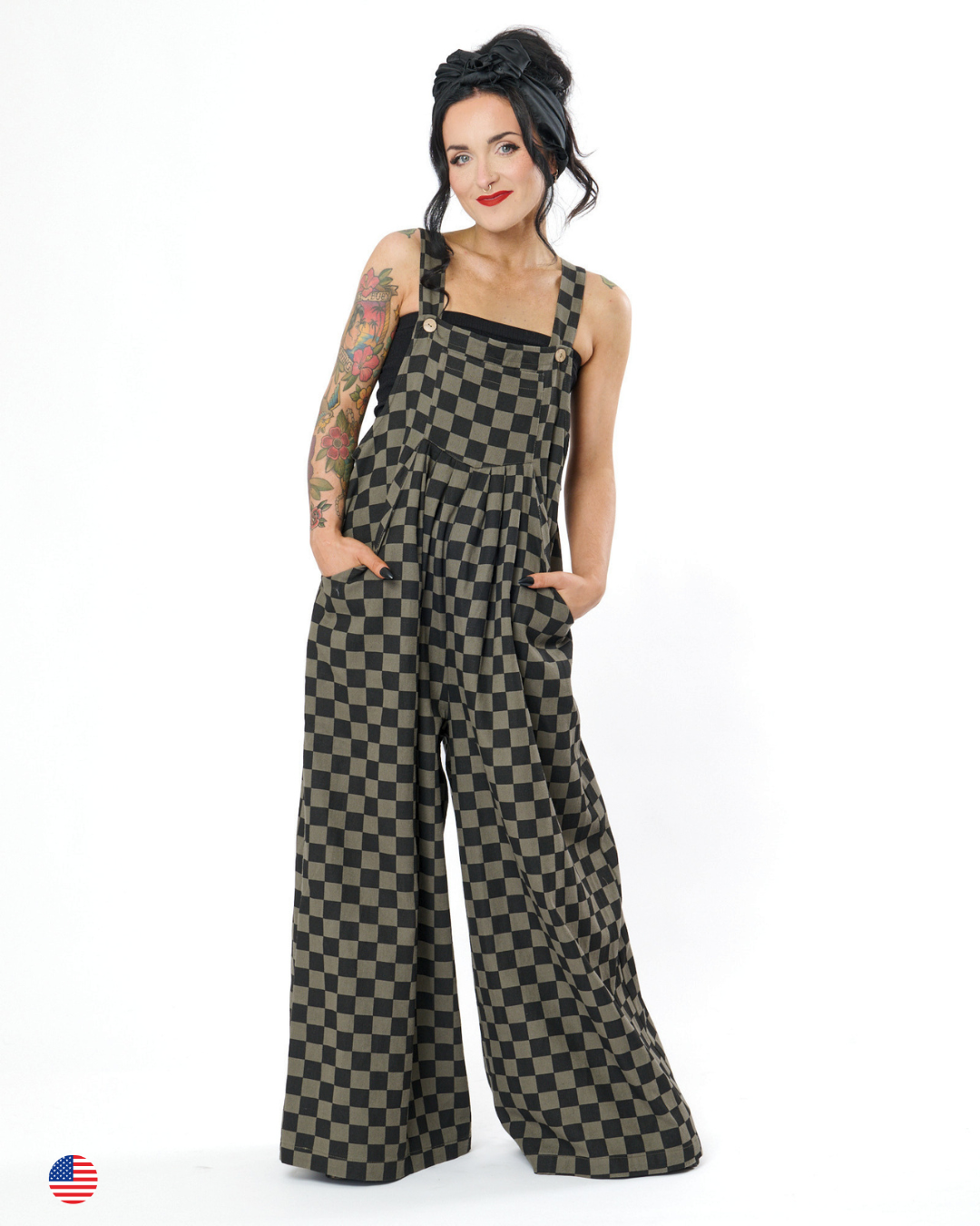 CHECKERBOARD WIDE LEG DENIM OVERALLS IN CHARCOAL