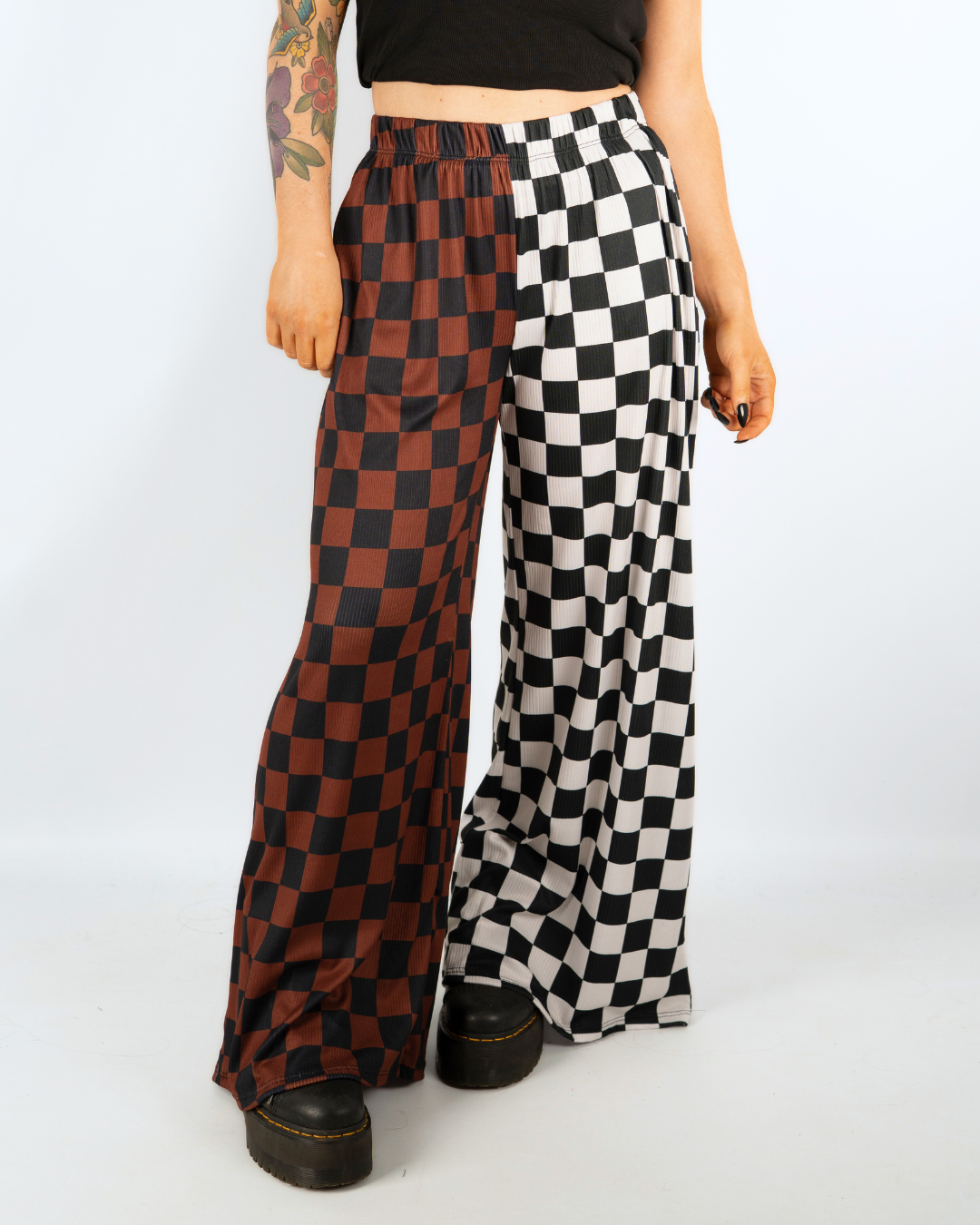 SPLIT DECISION CHECKERBOARD PANTS IN BLACK + BROWN