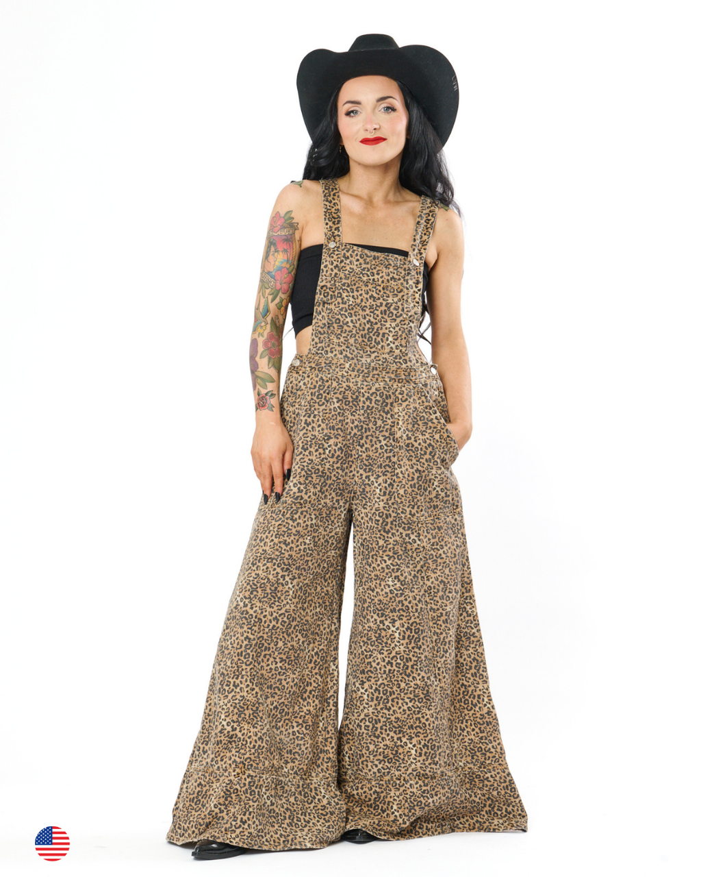 LEOPARD WIDE LEG DENIM OVERALLS