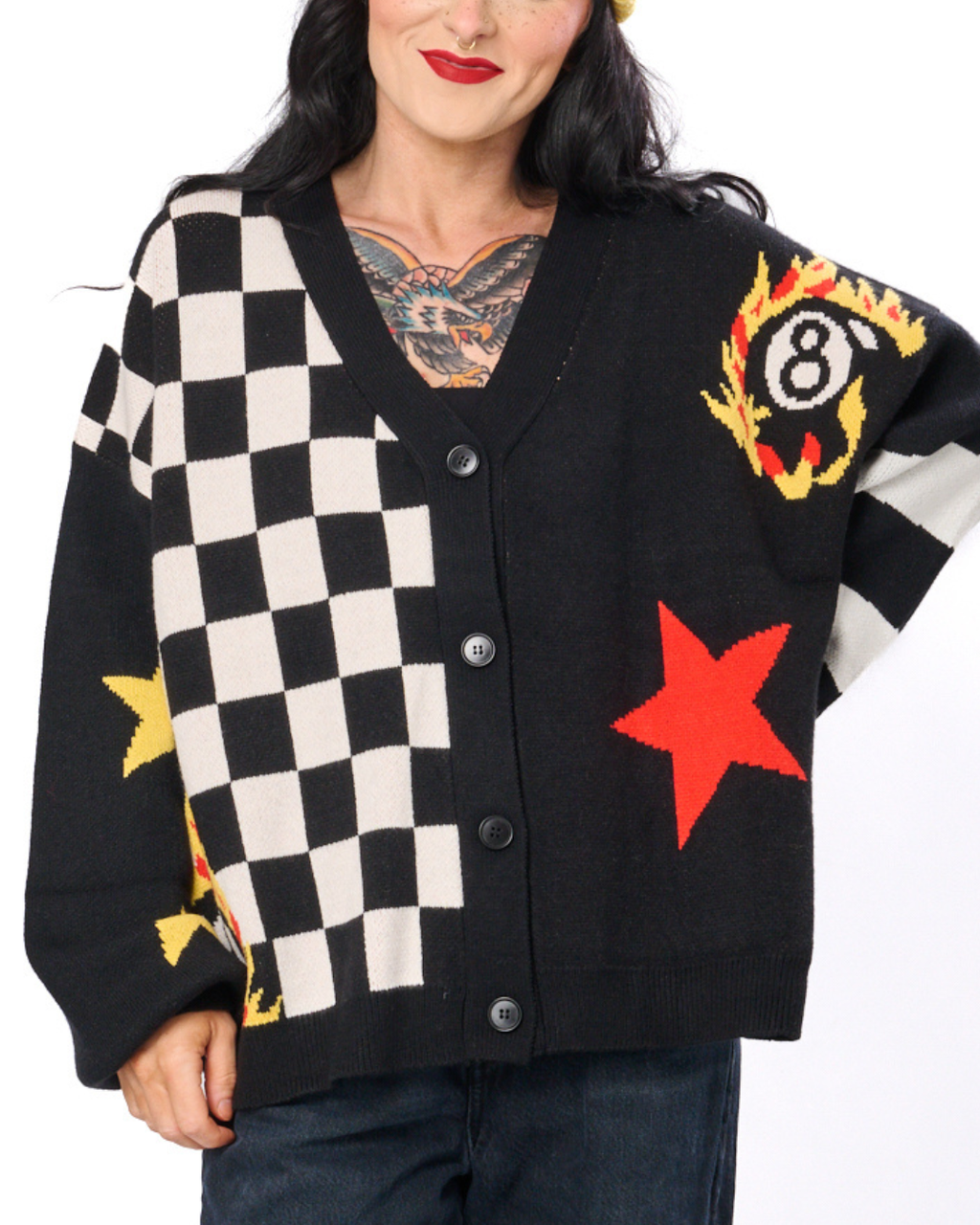 TWO FACED 8-BALL CHECKER CARDIGAN