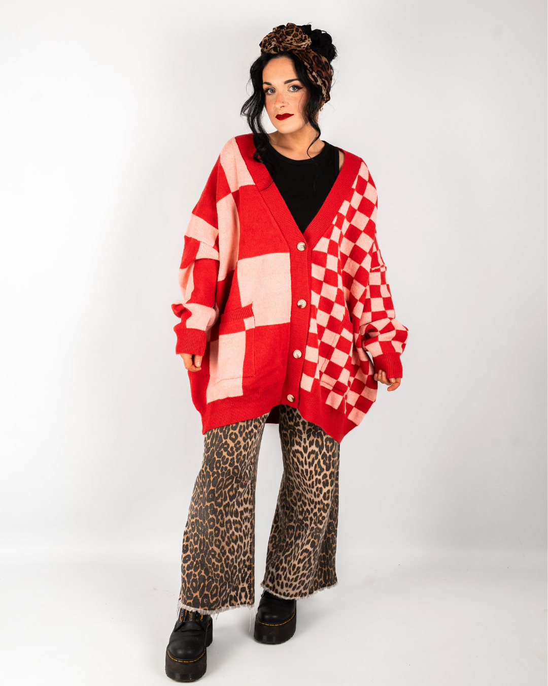 BOARDWALK OVERSIZED CHECKERBOARD CARDIGAN IN RED + PINK