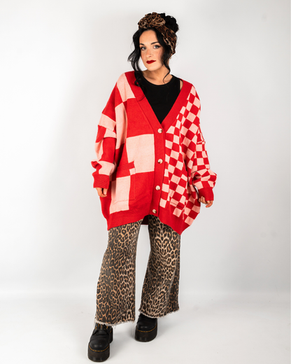 BOARDWALK OVERSIZED CHECKERBOARD CARDIGAN IN RED + PINK