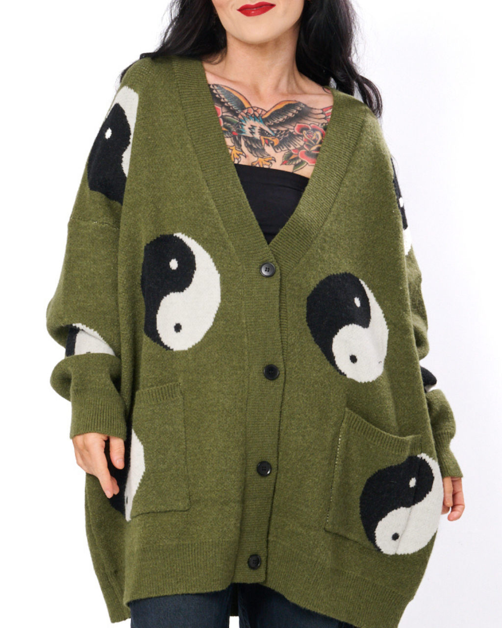 YIN & YANG OVERSIZED CARDIGAN IN OLIVE
