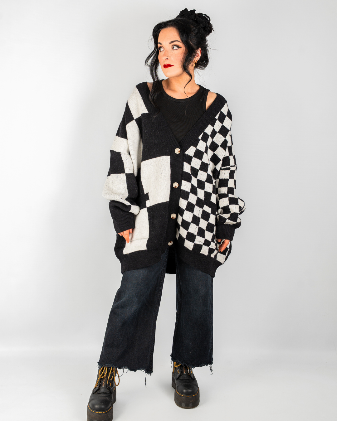BOARDWALK OVERSIZED CHECKERBOARD CARDIGAN IN BLACK + WHITE