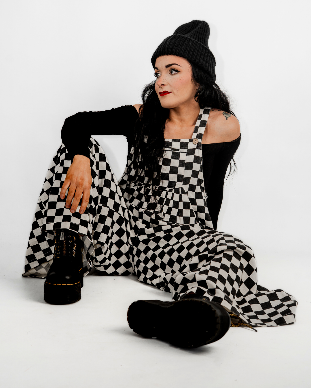 CHECKERBOARD WIDE LEG DENIM OVERALLS IN BLACK + WHITE