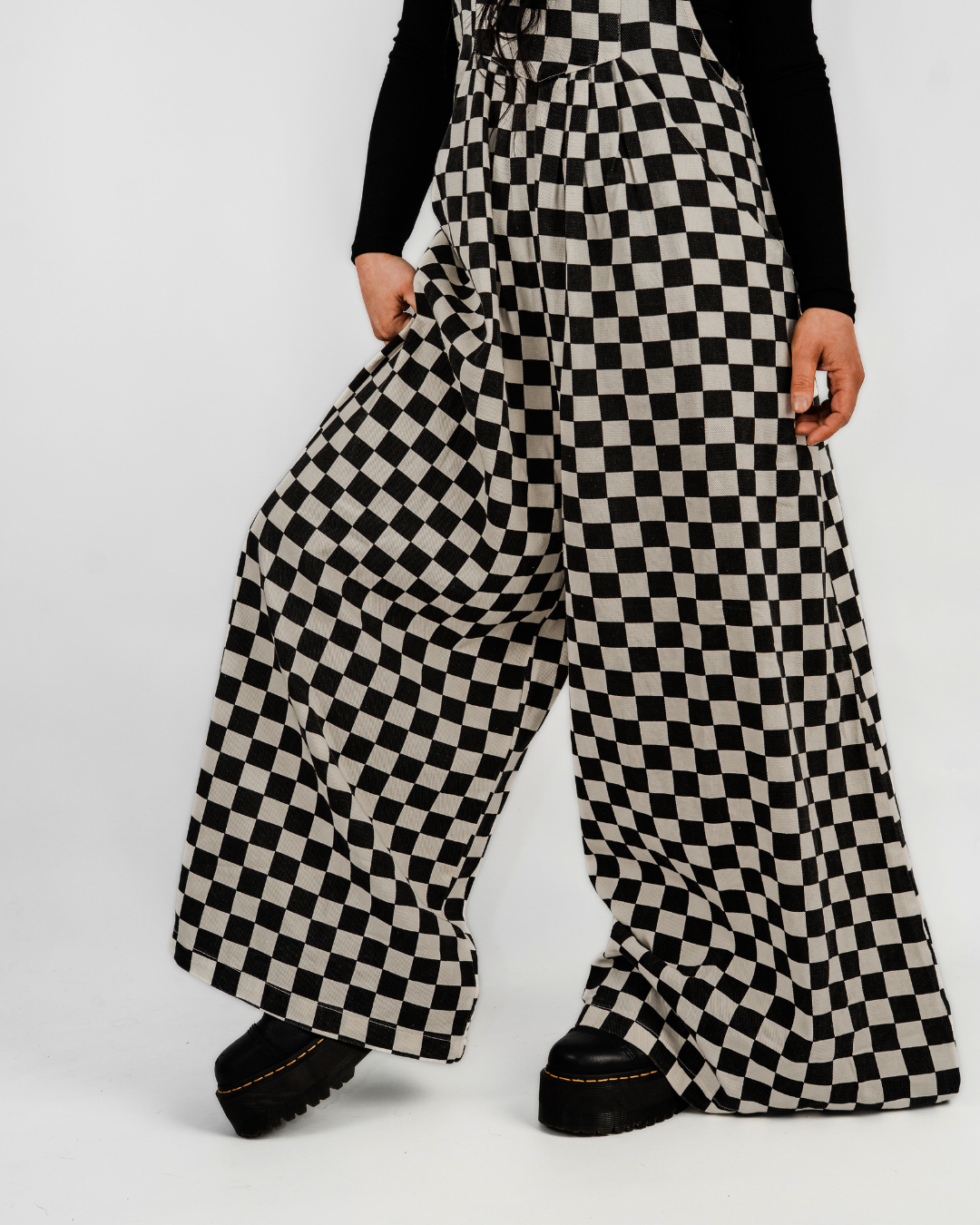 CHECKERBOARD WIDE LEG DENIM OVERALLS IN BLACK + WHITE