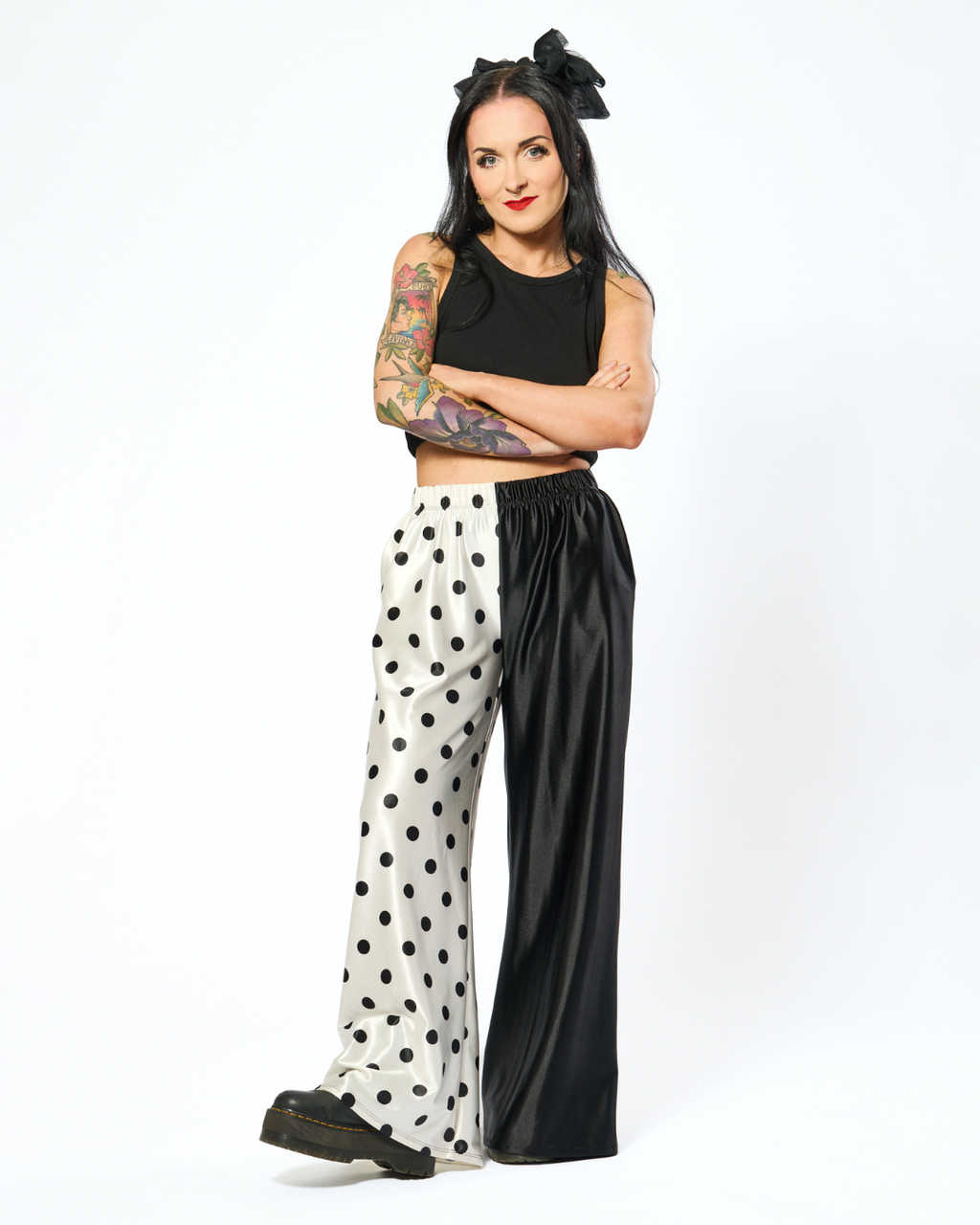 SPLIT DECISION POLKA DOT PANTS IN BLACK + WHITE