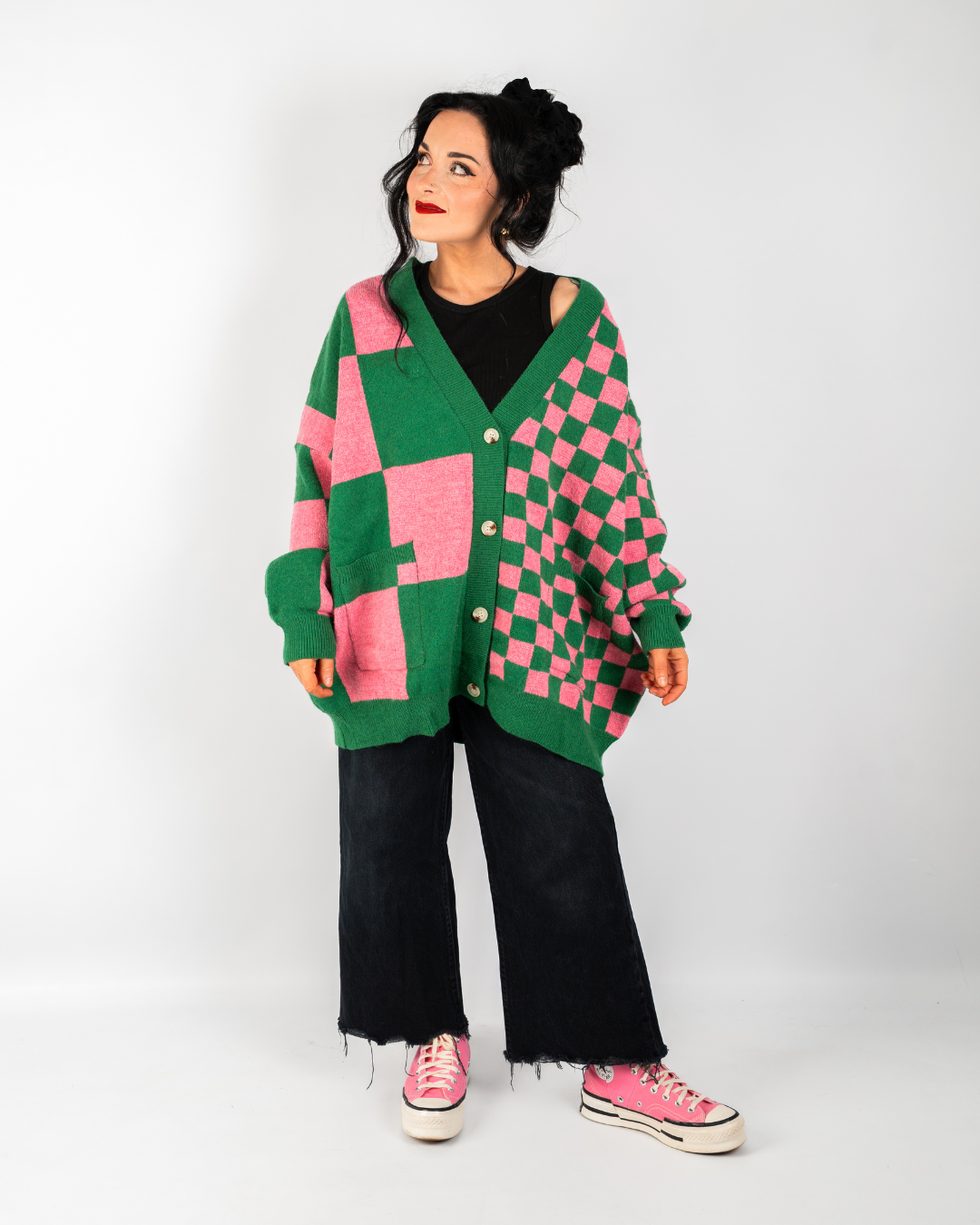 BOARDWALK OVERSIZED CHECKERBOARD CARDIGAN IN PINK + GREEN