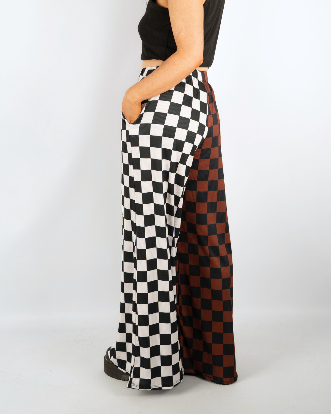 SPLIT DECISION CHECKERBOARD PANTS IN BLACK + BROWN