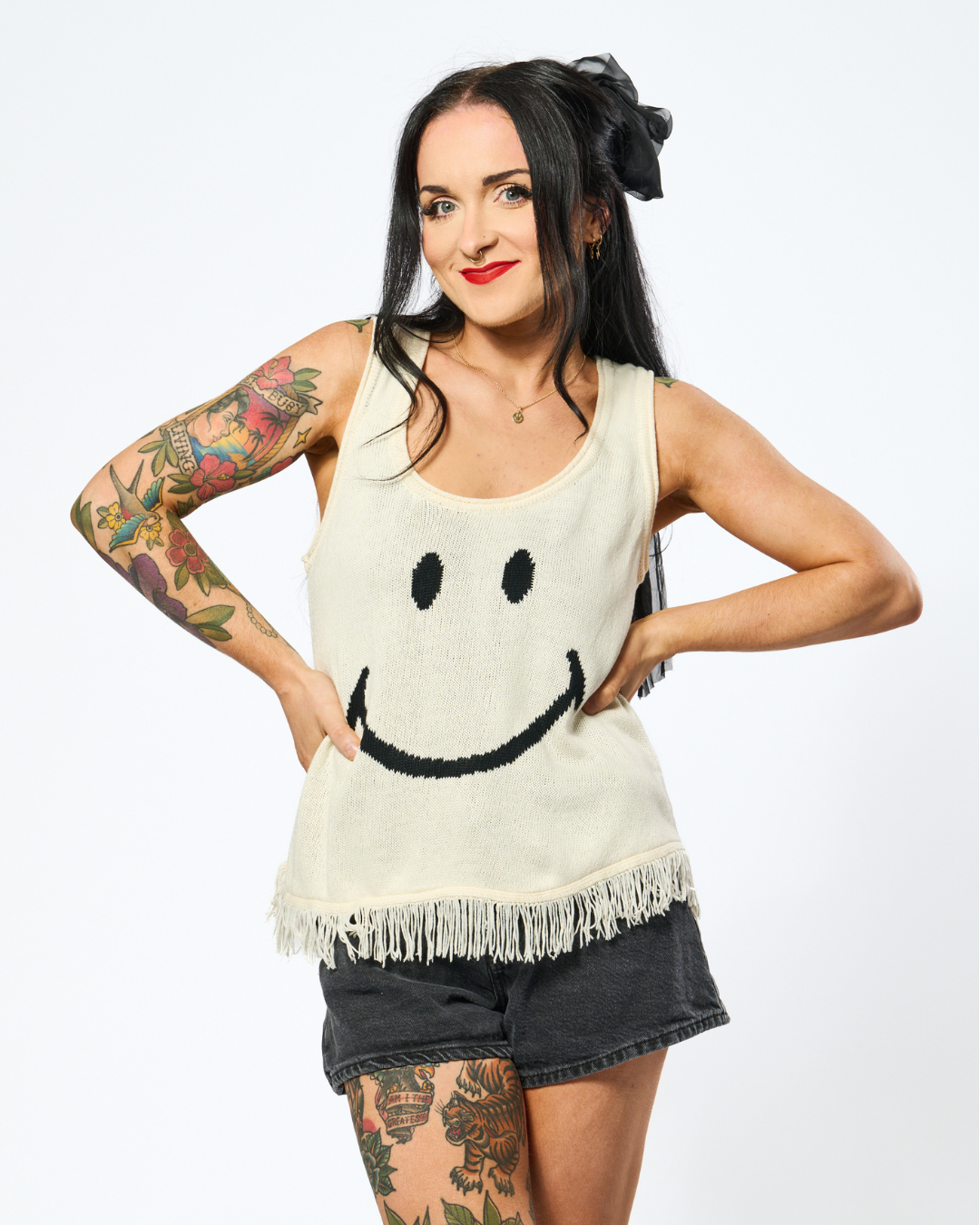 SMILEY FRINGED KNITTED TANK IN WHITE