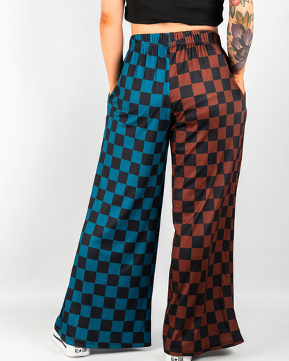 SPLIT DECISIONS CHECKERBOARD PANTS IN TEAL + BROWN