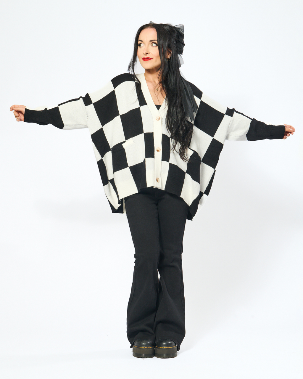 OVERSIZED CHECKERBOARD CARDIGAN IN BLACK + WHITE