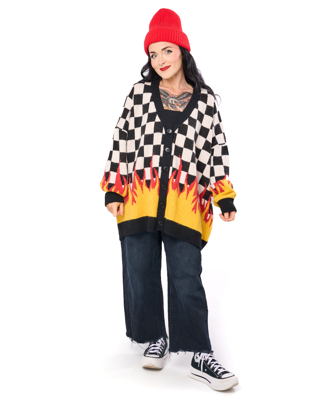 MY EMO FLAME OVERSIZED CHECKERBOARD CARDIGAN