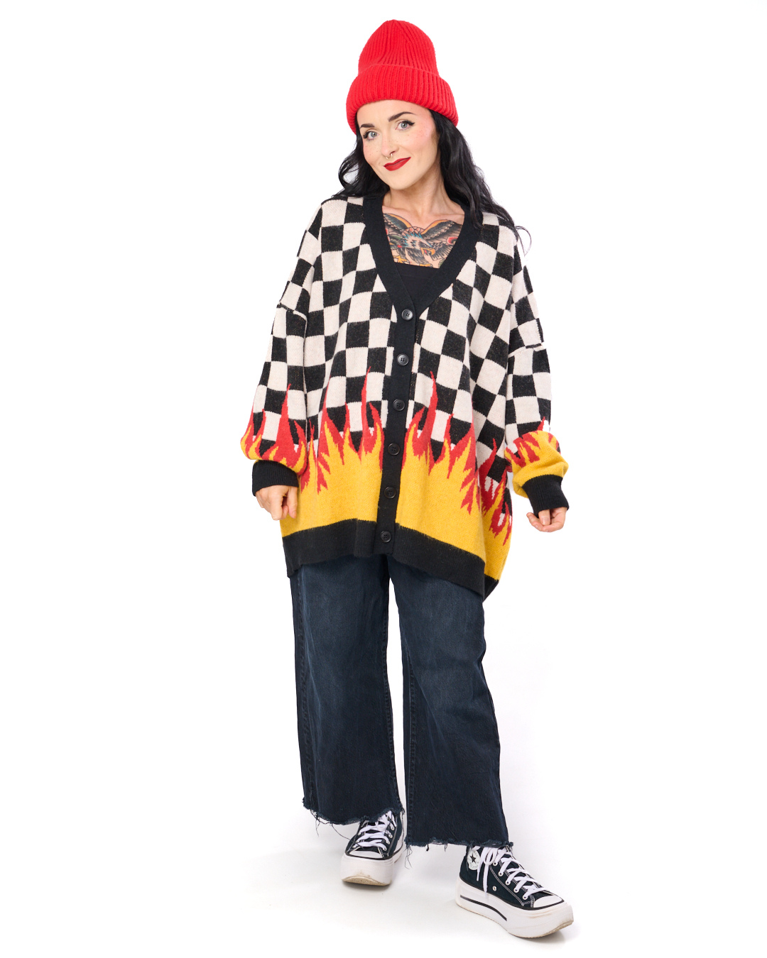 MY EMO FLAME OVERSIZED CHECKERBOARD CARDIGAN