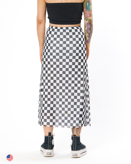 CHECKERBOARD MESH MIDI SKIRT IN BLACK + WHITE