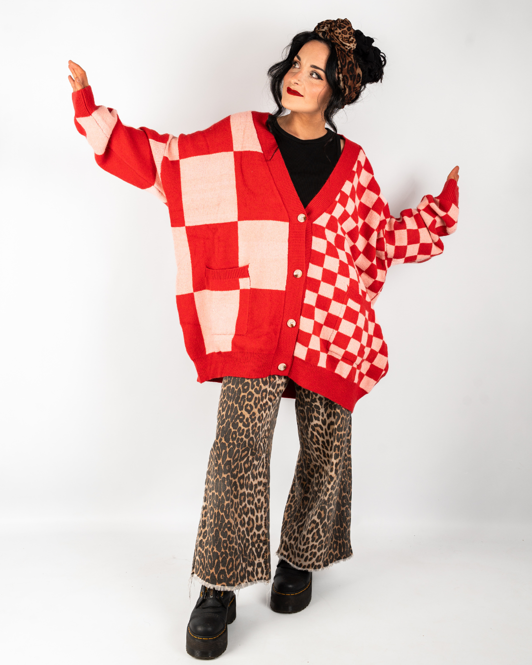 BOARDWALK OVERSIZED CHECKERBOARD CARDIGAN IN RED + PINK