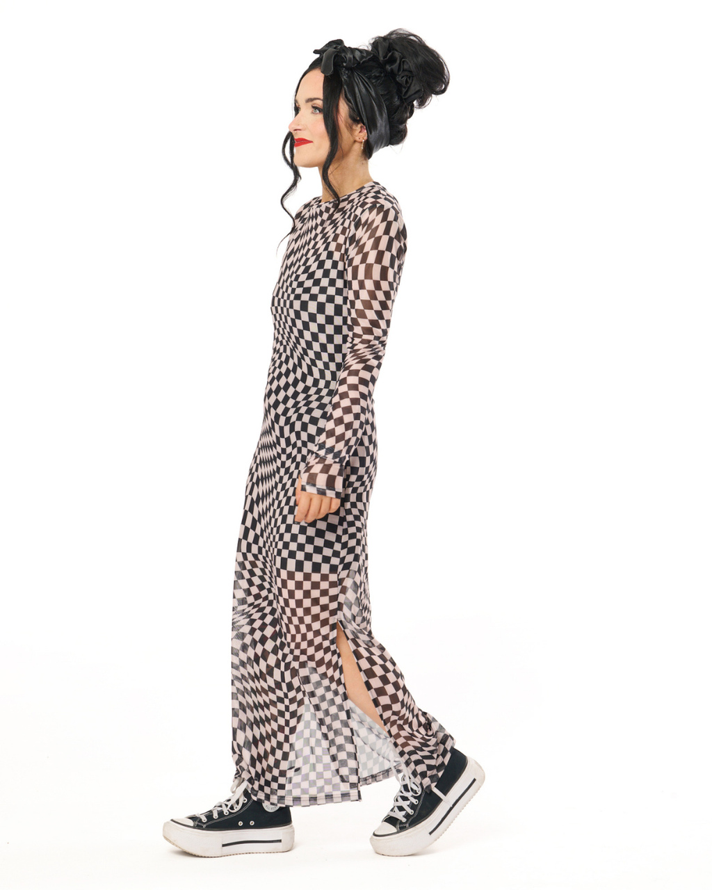 CHECKERBOARD MESH MIDI DRESS