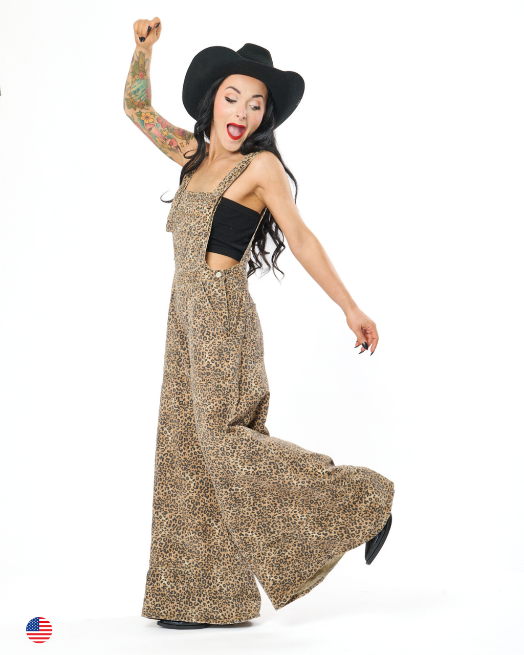 LEOPARD WIDE LEG DENIM OVERALLS