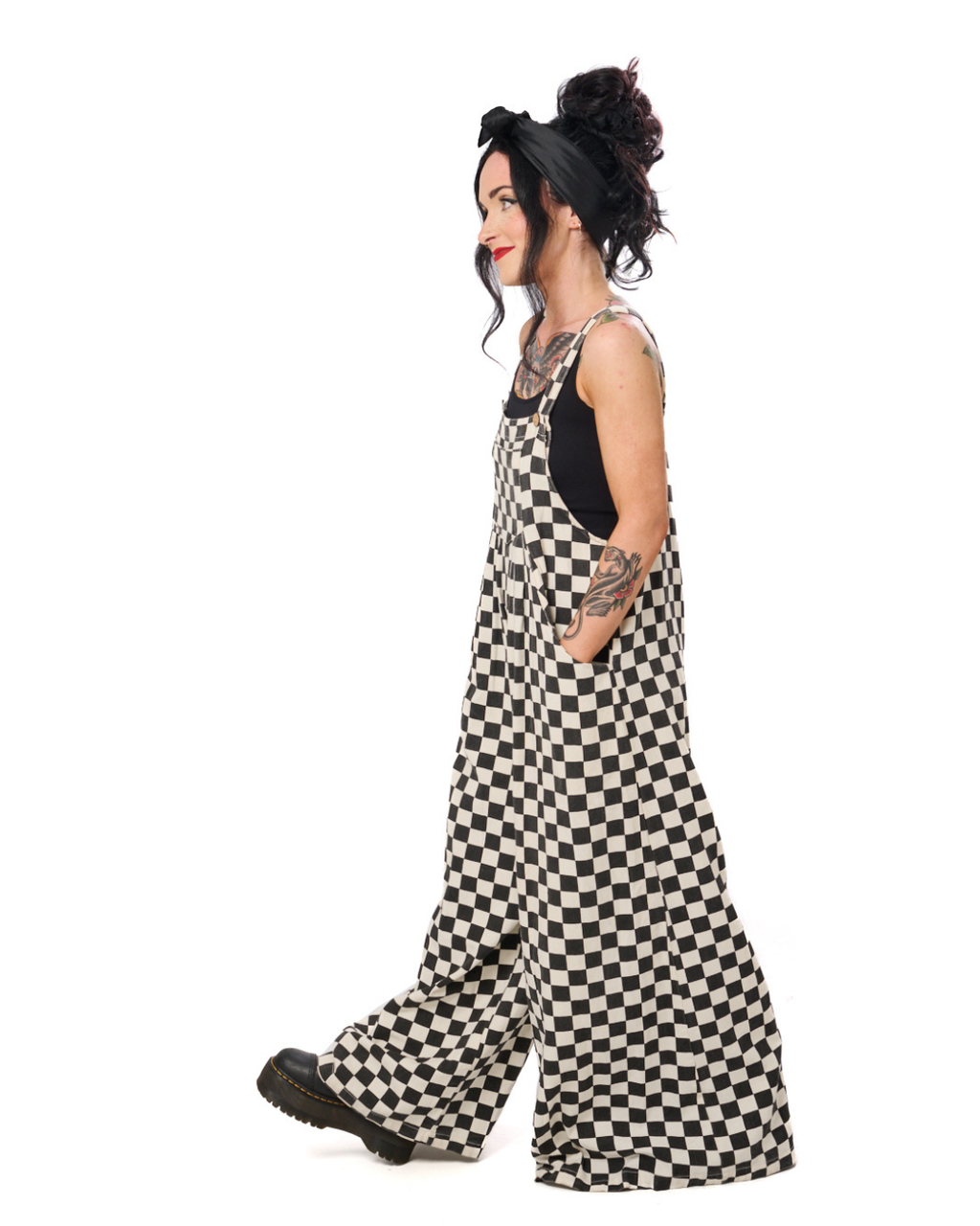 CHECKERBOARD WIDE LEG DENIM OVERALLS IN BLACK + WHITE