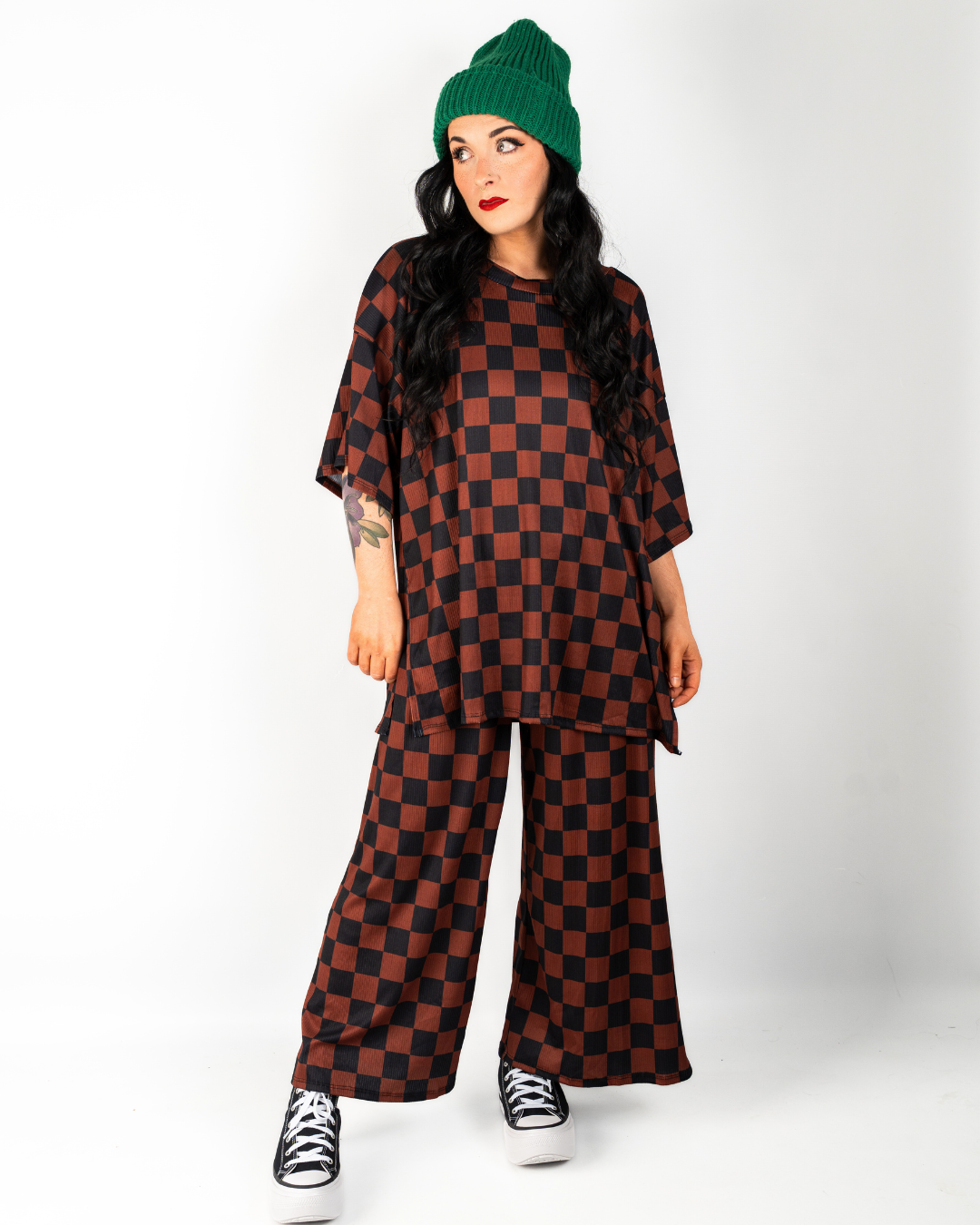 CHECKMATE RIBBED MATCHING SET IN MOCHA + BLACK