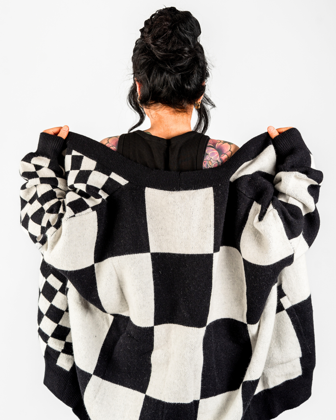 BOARDWALK OVERSIZED CHECKERBOARD CARDIGAN IN BLACK + WHITE