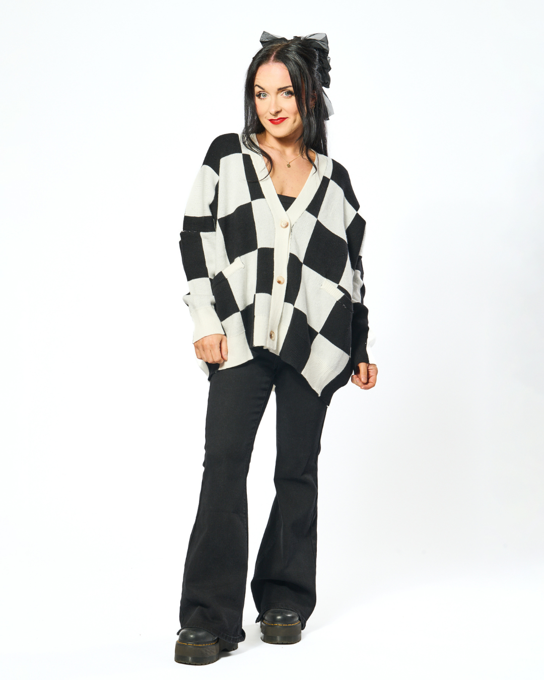 OVERSIZED CHECKERBOARD CARDIGAN IN BLACK + WHITE