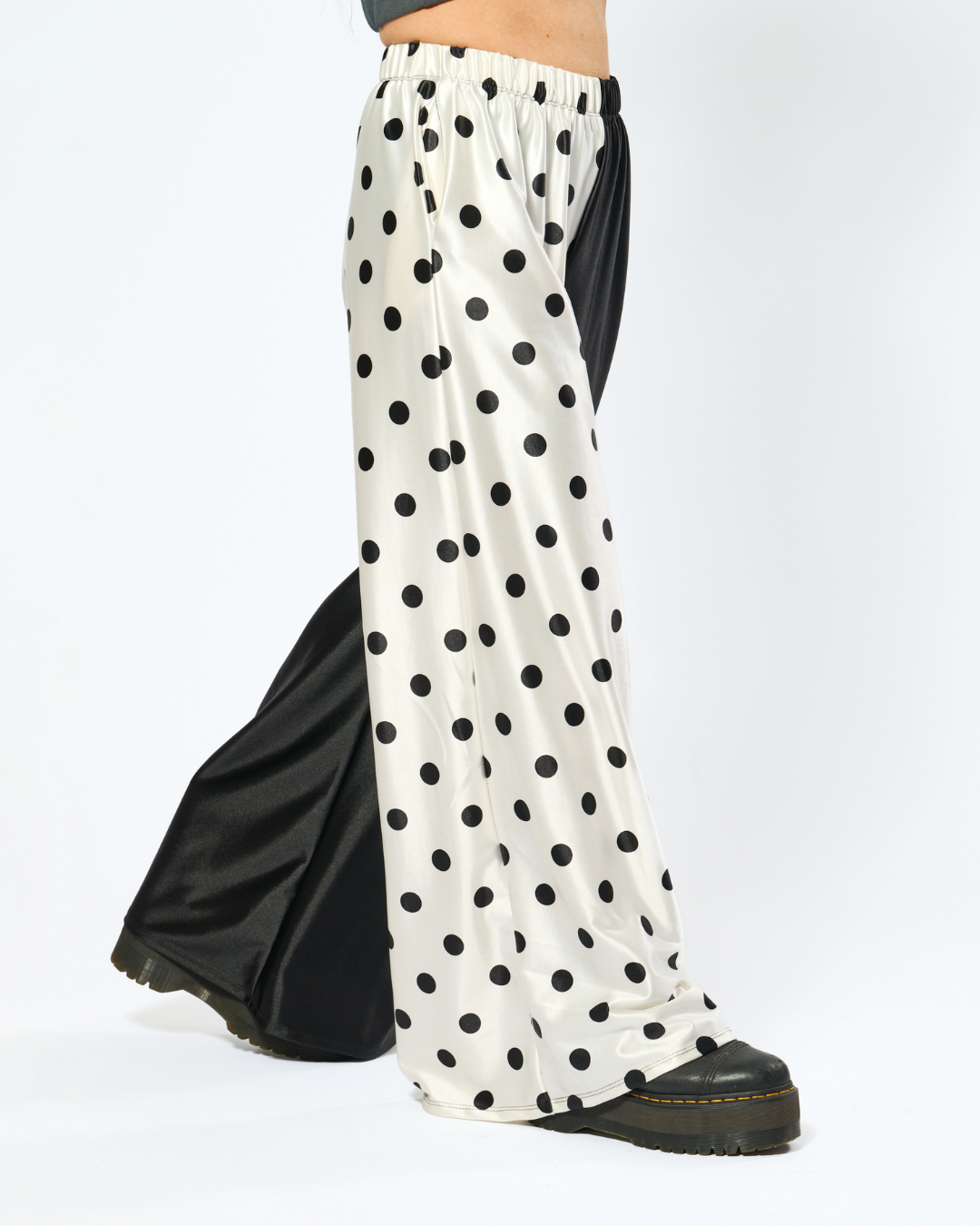 SPLIT DECISION POLKA DOT PANTS IN BLACK + WHITE